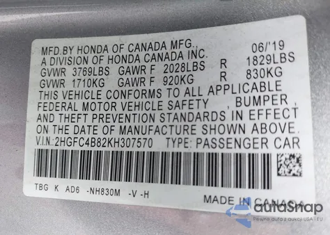 2019 Honda Civic Sport из США, поврежденный, VIN 2HGFC4B82KH307570